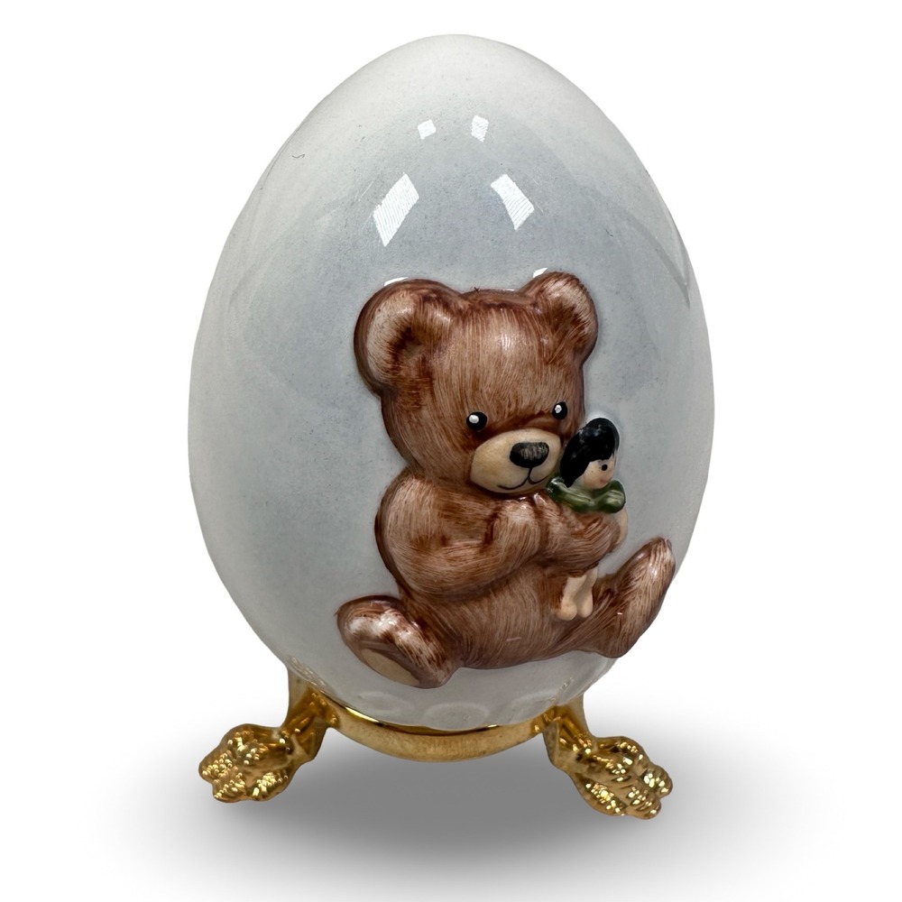 Goebel 2006 Porcelain Teddy Bear Egg Figurine with Gold Tone Stand Germany